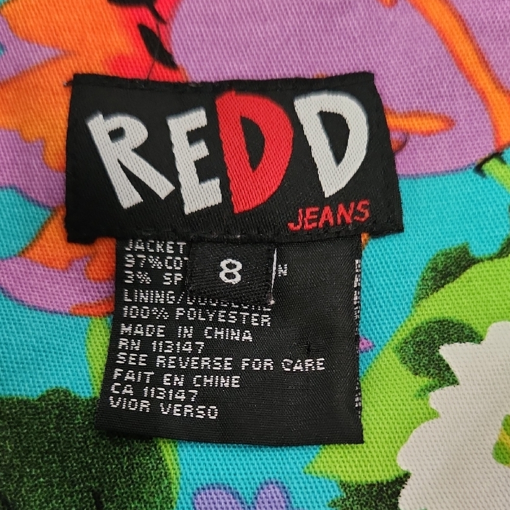 Red Floral Multicolor Jean Jacket with Turquoise Lining - Picture 2 of 3